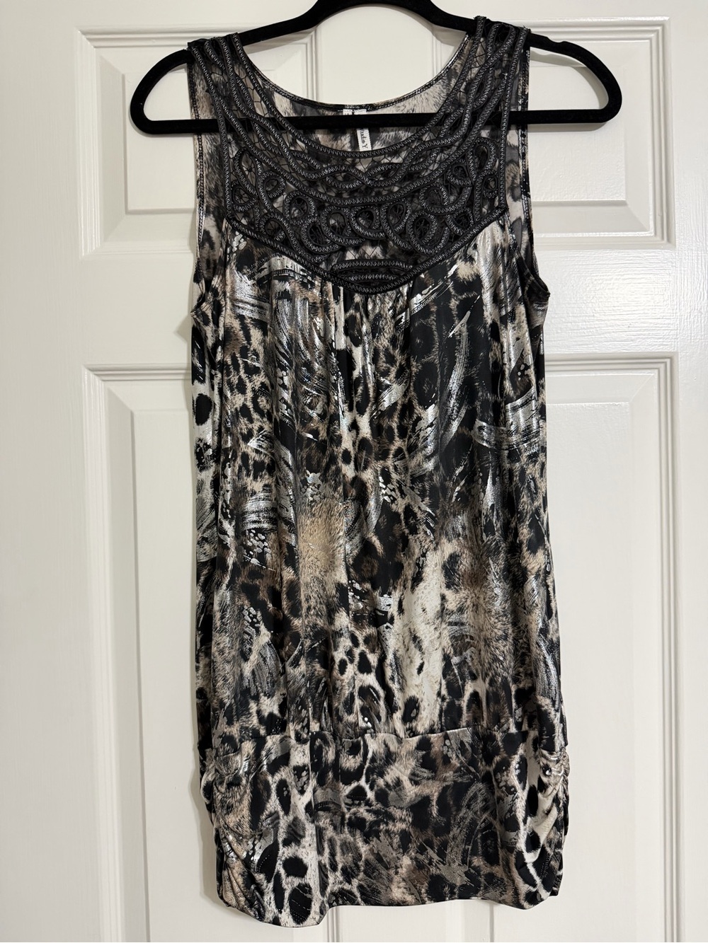 Studio Y Black and Beige Animal Print Tank with Lace Yoke
